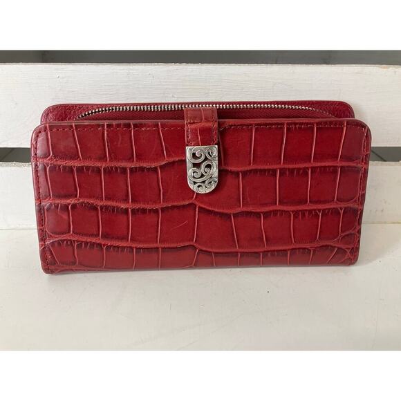 BRIGHTON LARGE RED LEATHER EMBOSSED ANIMAL PRINT WALLET - Picture 1 of 15